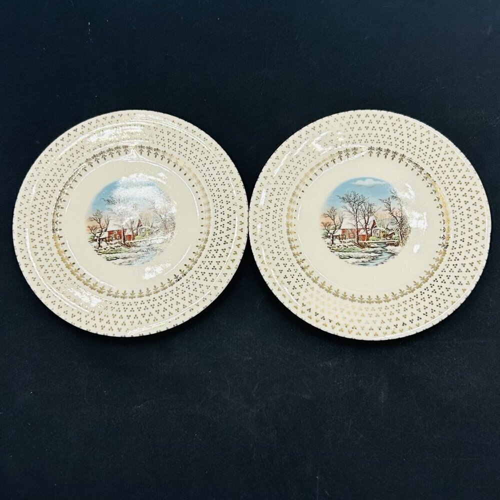 Coronet By Salem 6.25" Dessert Fruit Plates 23k Gold Winter Farm Scene Set of 2